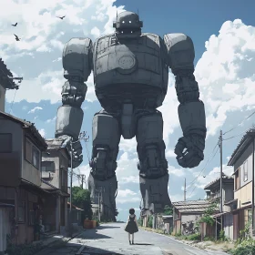 Colossal Robot Overlooking a Small Town