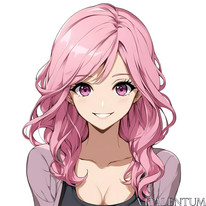 Pink-Haired Anime Portrait Smiling AI Image