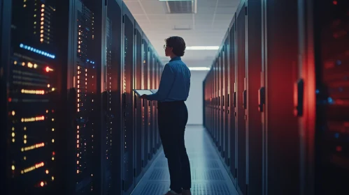 Data Center Technician Inspecting Servers