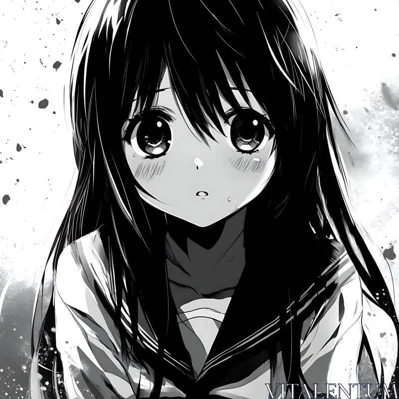 Monochrome Anime Girl with Expressive Eyes AI Image