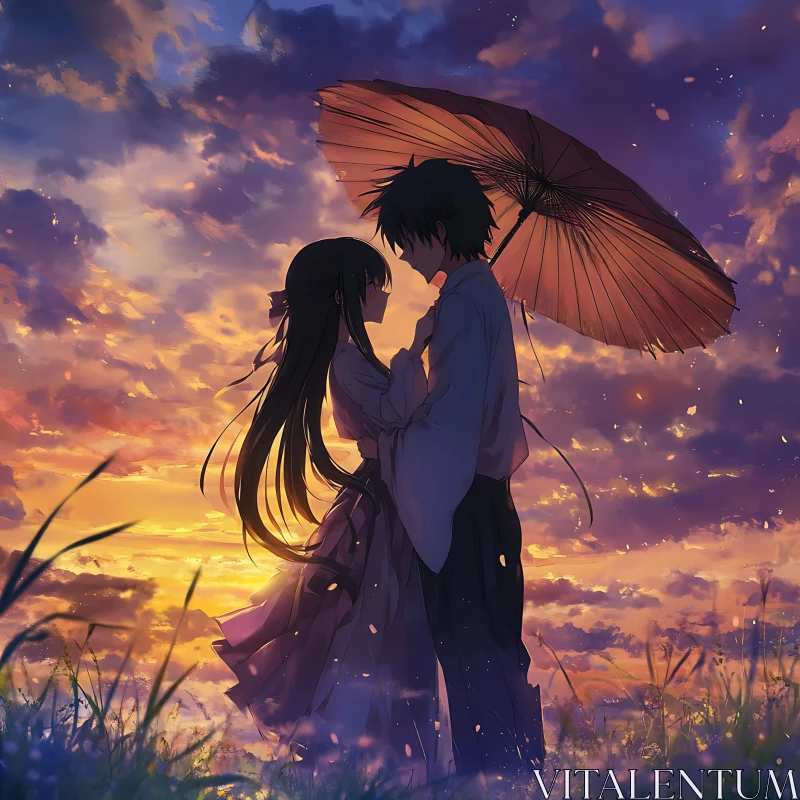 Couple with Umbrella at Sunset AI Image