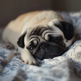 Cute Pug Resting on a Comfortable Bedspread