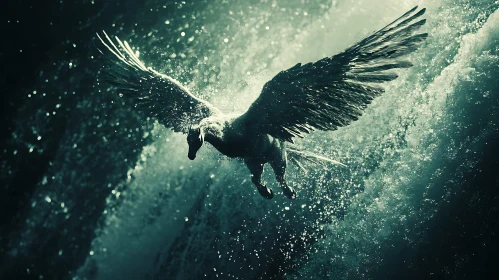 Winged Stallion in Waterfall Scene