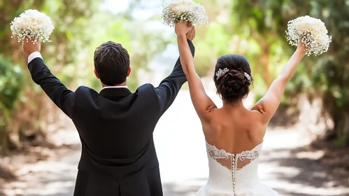 Newlyweds Celebrate on Tree-Lined Path