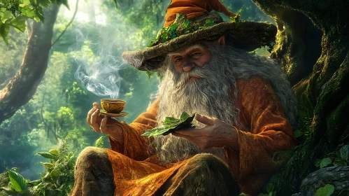 Old Wizard with Tea in Mystical Forest