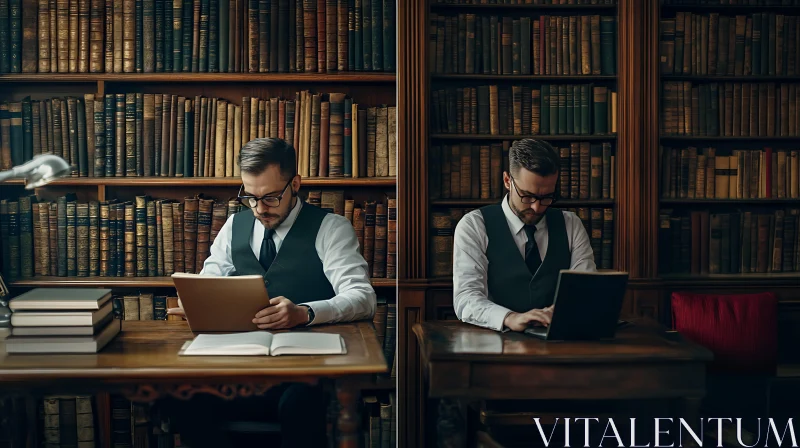 Man Studying in Classic Library Setting AI Image