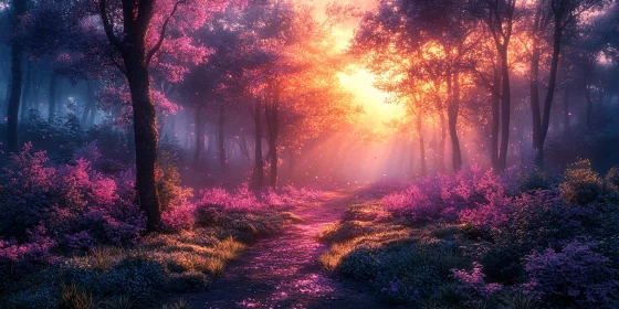 Mystical Forest with Radiant Sunlight and Colorful Flowers