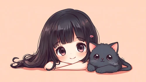 Cute Anime Girl and Cat Art