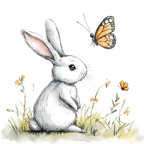 Watercolor Rabbit with Flying Butterfly