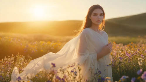 Sunset Elegance in Blooming Field