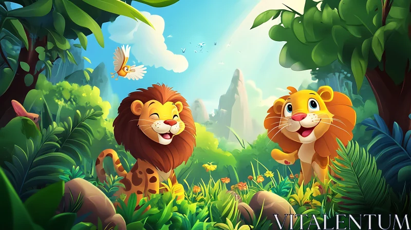 Cartoon Lions in Green Landscape AI Image