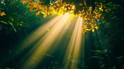 Golden Sun Rays in a Lush Green Forest