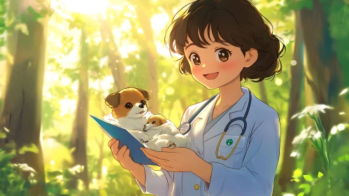 Veterinarian and Puppies in Sunlit Forest