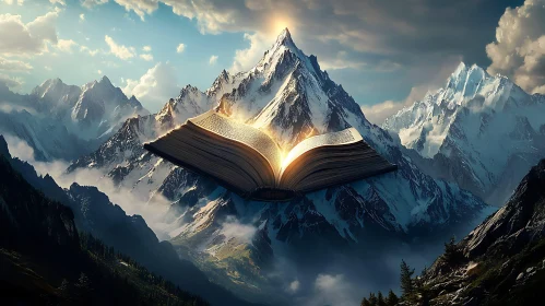 Floating Book in Mountainous Landscape