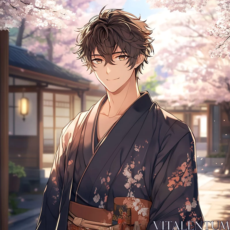 Sakura Blooming: Young Man in Traditional Kimono AI Image