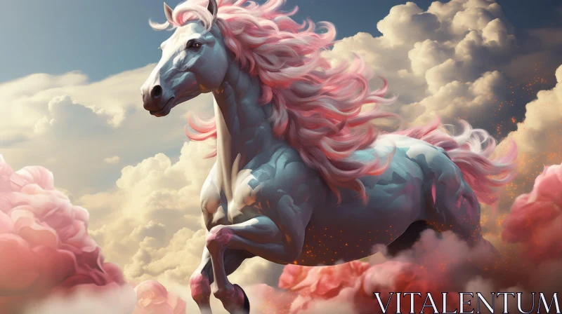 Fantasy-Inspired Horse Swimming in Pink Cloud Artwork AI Image