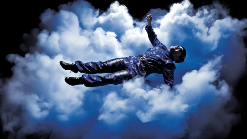 Man in Blue Uniform Soaring in Clouds - Surreal Art