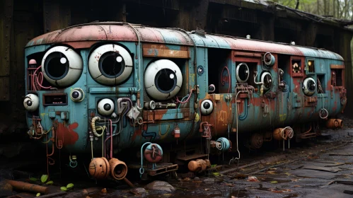Surreal Train Car with Cartoon-like Eye Art