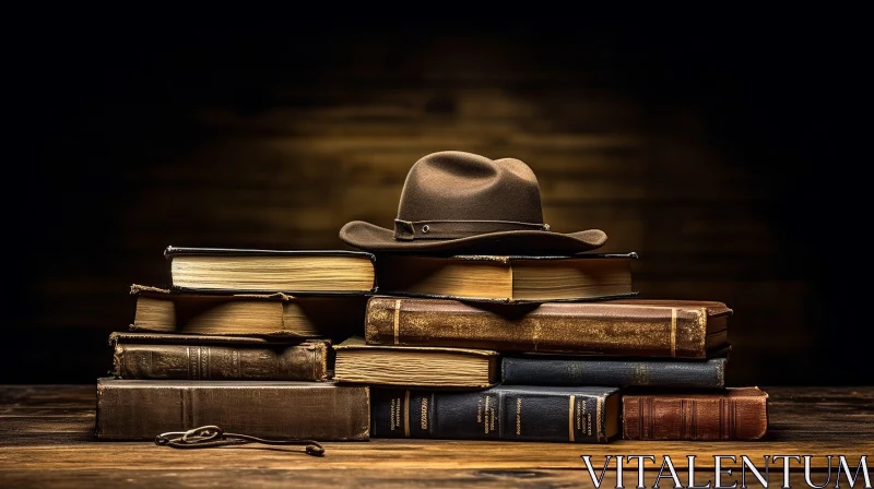 Vintage Cowboy Hat on Stack of Books | Cryptid Academia AI Image