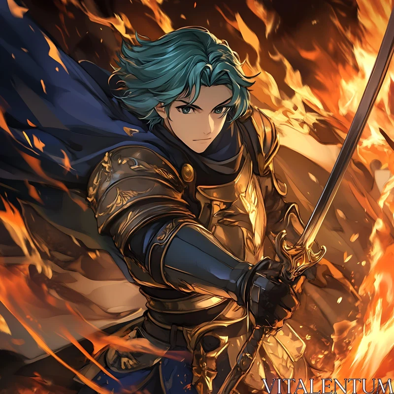 Anime Warrior with Teal Hair and Sword