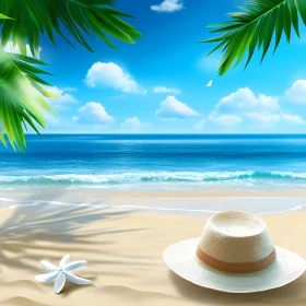 Tropical Beach Scene with Hat