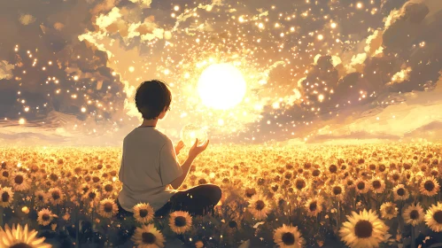 Golden Sunflower Field with Boy