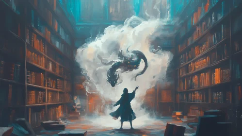 Wizard Conjuring Dragon in Library