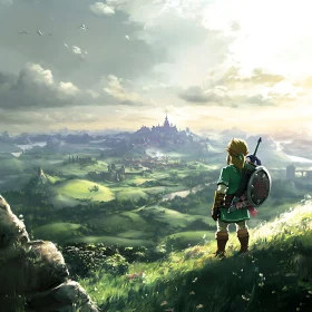 Medieval Fantasy Landscape with Castle and Hero