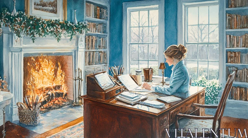 Watercolor Painting of Woman in Library