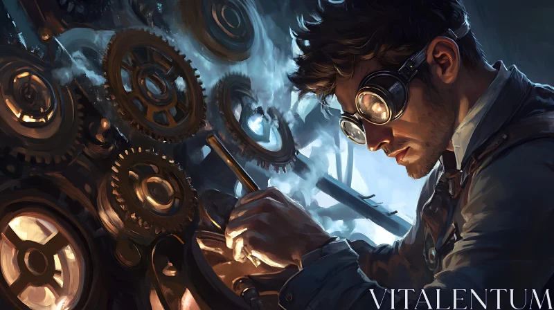 Steampunk Engineer Working on Gears