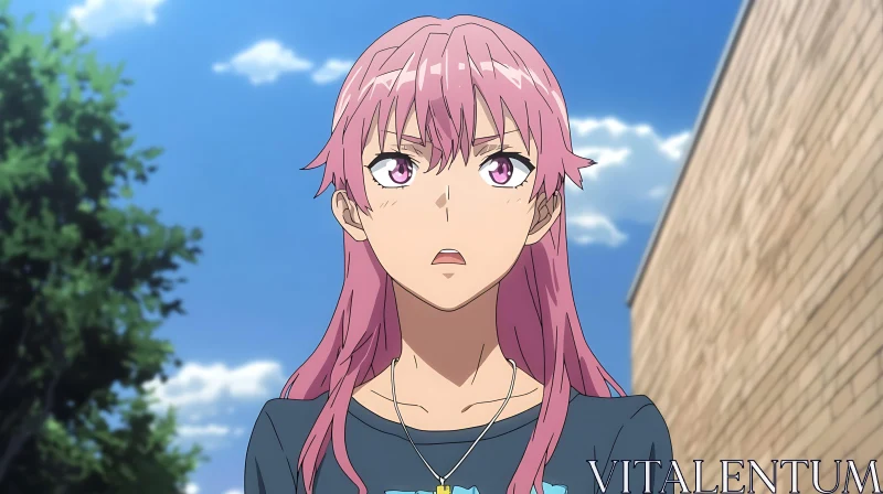 Surprised Anime Girl with Pink Hair Outdoors AI Image