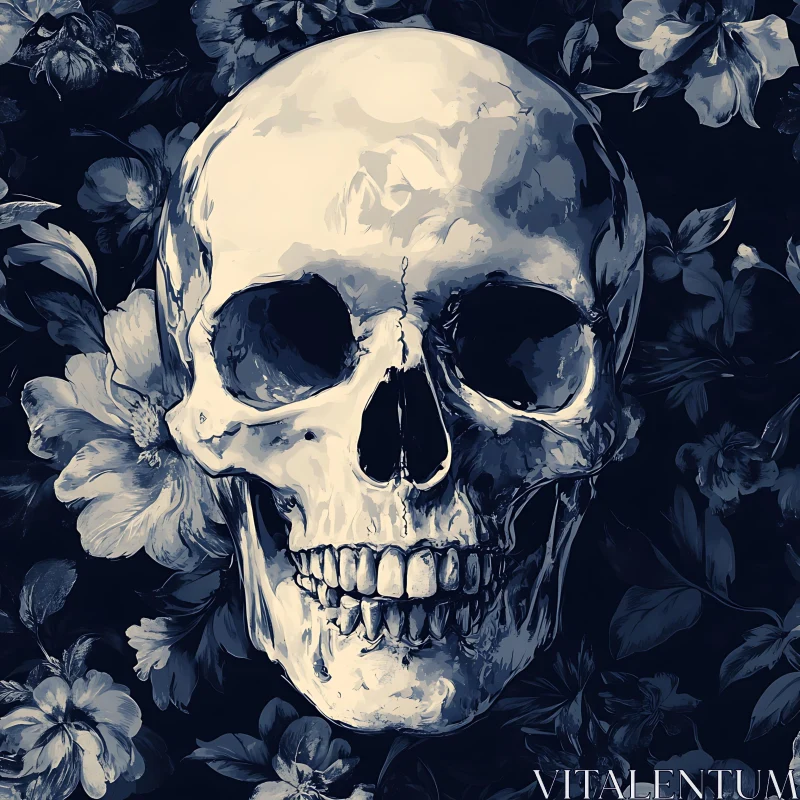 Skull and Flowers in Blue Hues