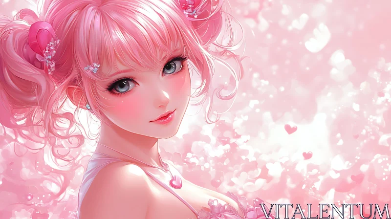 Pink-Haired Anime Girl with Floating Hearts AI Image