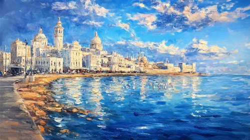 Seaside Town Oil Painting