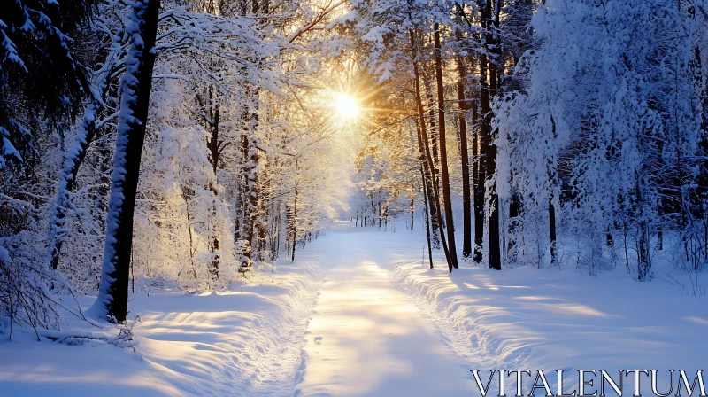 Snowy Forest Path with Sunlight