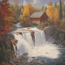 Cabin and Waterfall in Autumn