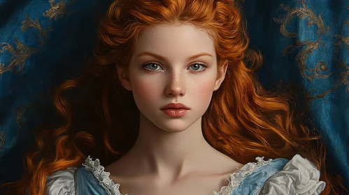Redhead Woman in Historical Blue Dress