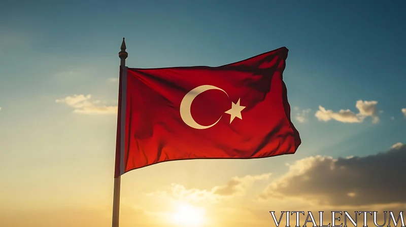 Turkish Flag Waving in the Sunset