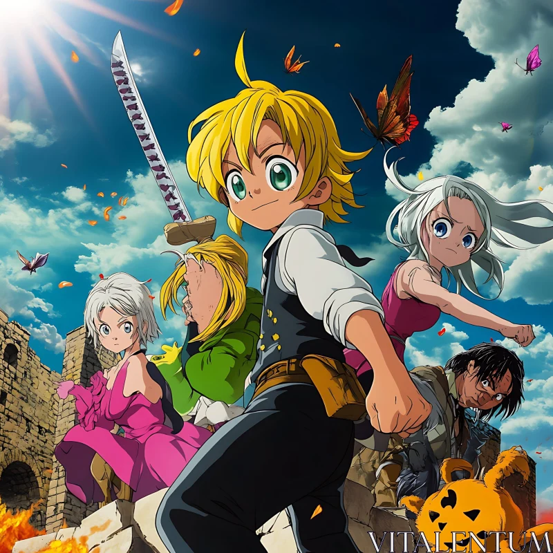 Dynamic Anime Group with Sword and Ruins