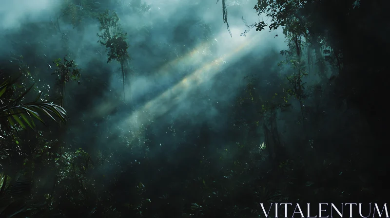 Misty Jungle Scene with Sunbeams