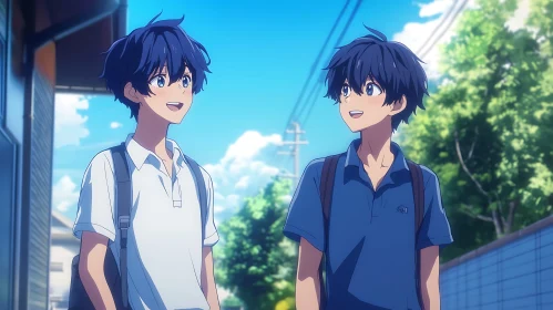 Cheerful Anime Characters Strolling Under Clear Skies
