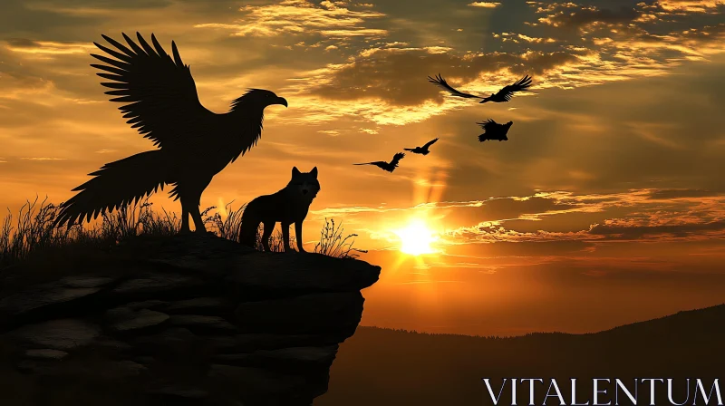 Sunset Silhouette of Eagle and Wolf