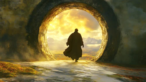Cloaked Figure Enters Golden Portal