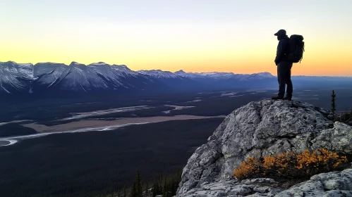 Lone Hiker Mountain View at Sunset
