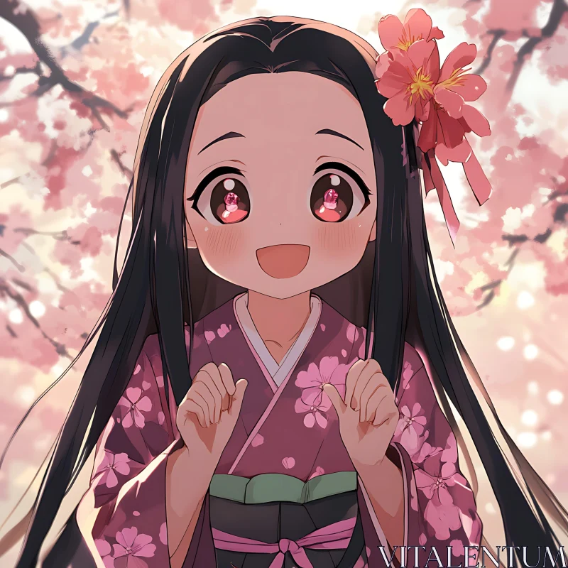Anime Girl Amidst Cherry Blossoms in Spring