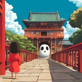 Character Faces Mask Figure in Front of a Japanese Temple