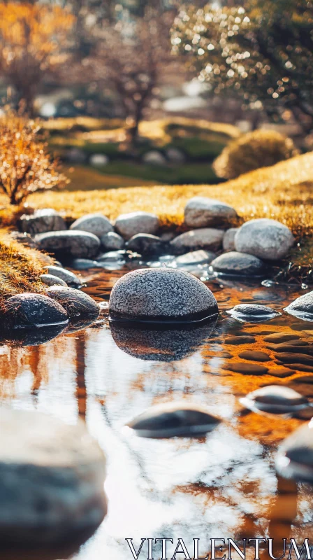 Peaceful Garden Stream with Autumn Foliage