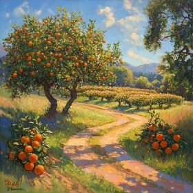 Sunlit Path Through an Orange Grove