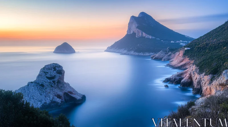Peaceful Sunset Over Coastal Mountains and Sea AI Image