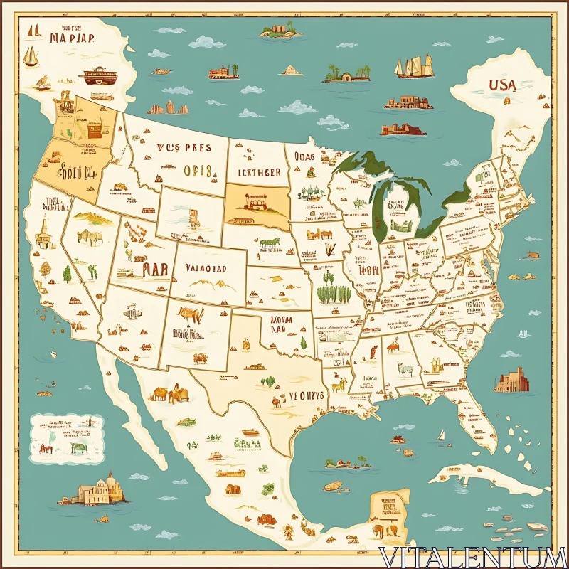 Stylized USA Map Art Print AI Image